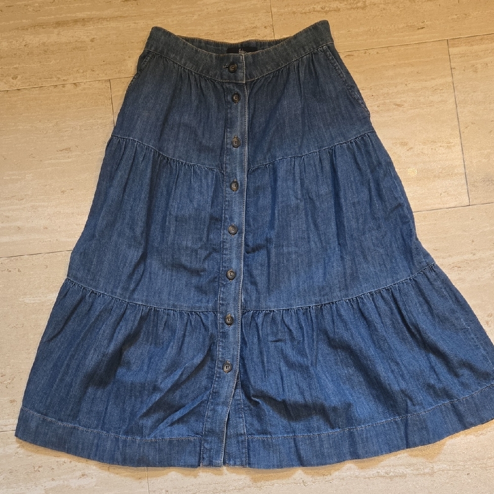 Boden Tiered Denim Button-Down 100% Cotton Denim Midi Skirt